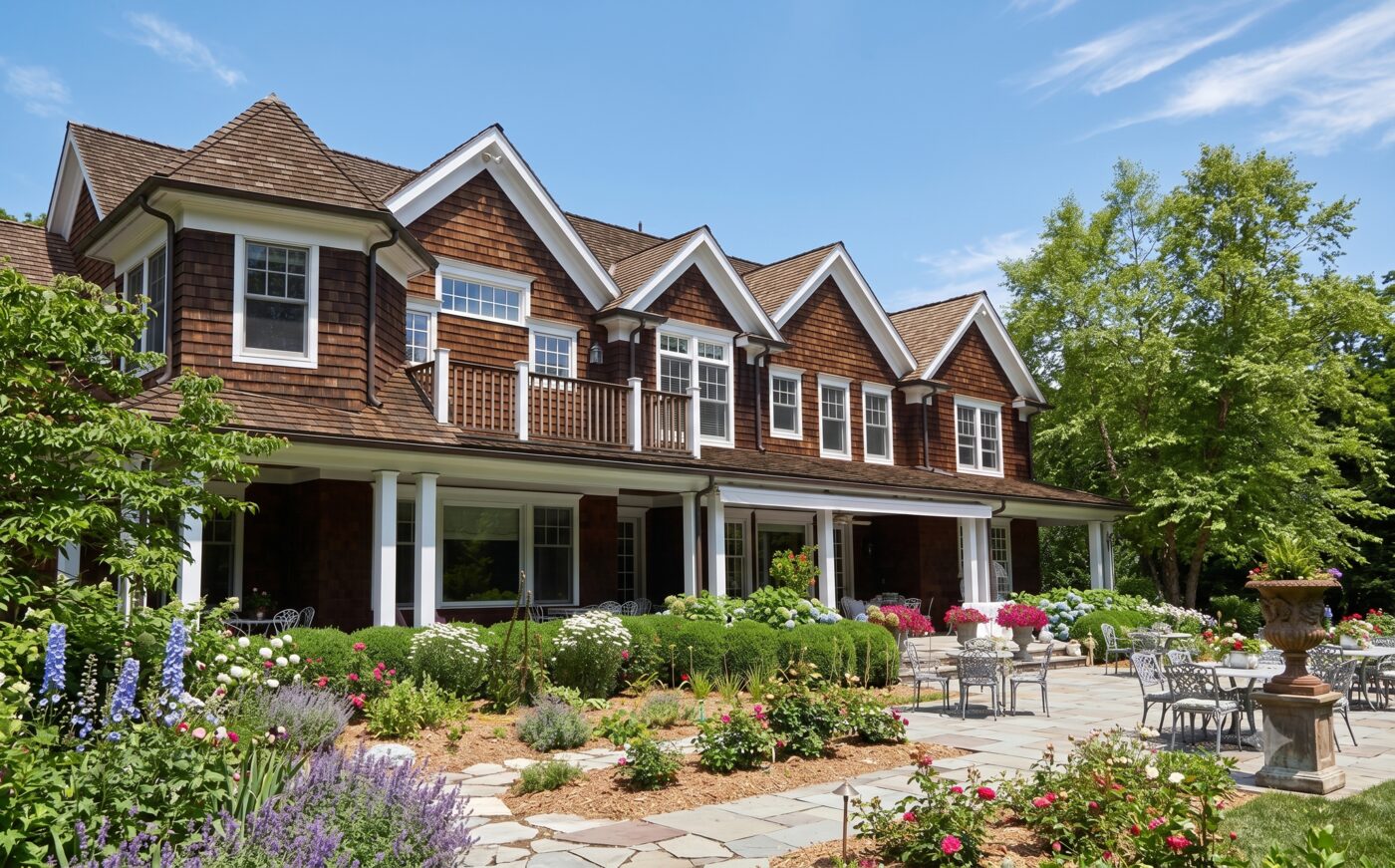 Shingle-style home with landscaped patio and gardens
