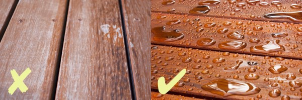 a stained and sealed deck next to one that needs work