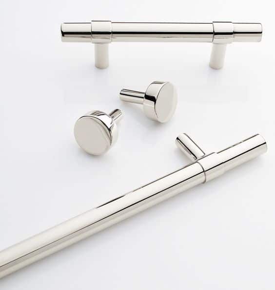 Close up of chrome kitchen cabinet hardware