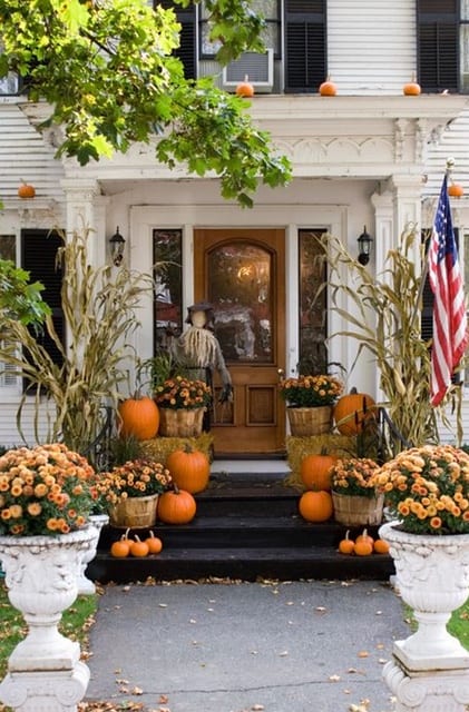 home entranceway decked out with autumn decor