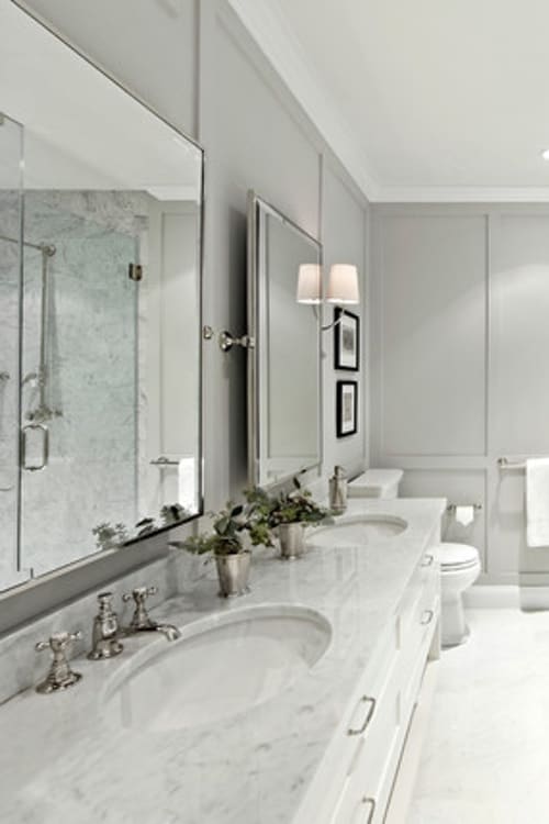 shaker style wood panelling in bathroom up to ceiling