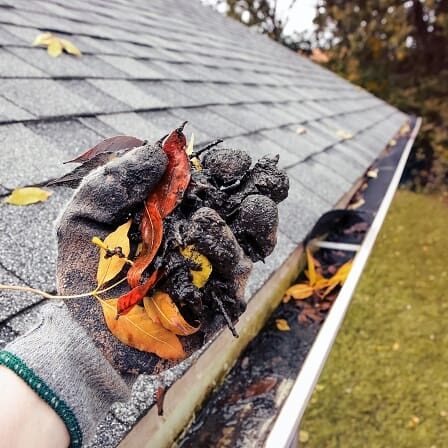 Gloved hand pulling debris from dirty home gutter unsplash