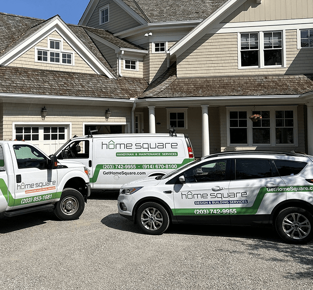 Home Square service vehicles in front of a house